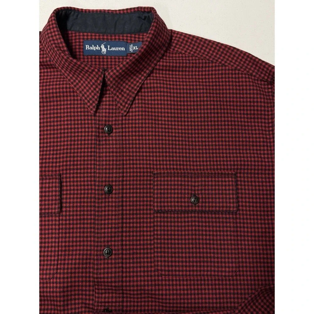Vtg Polo Ralph Lauren Shirt Men's XL Gingham Plaid Elbow Patches Wool Blend EUC